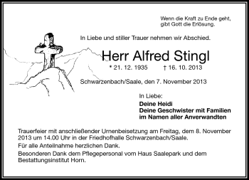 Traueranzeige von Alfred Stingl von Frankenpost