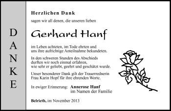 Traueranzeige von Gerhard Hanf von Südthüringer Presse