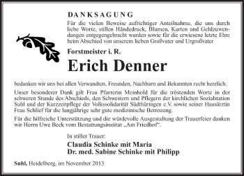 Traueranzeige von Erich Denner von Südthüringer Presse