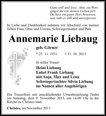 Traueranzeige von Annemarie Liebaug von Südthüringer Presse