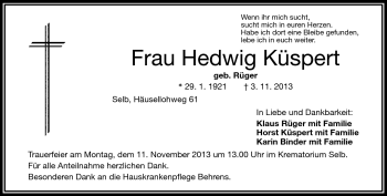 Traueranzeige von Hedwig Küspert von Frankenpost