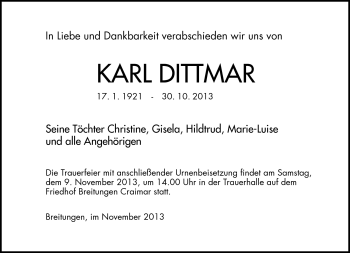 Traueranzeige von Karl Dittmar von Südthüringer Presse