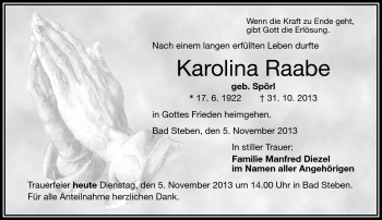 Traueranzeige von Karolina Raabe von Frankenpost