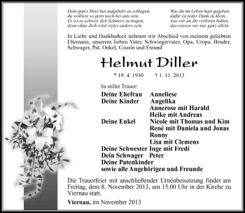 Traueranzeige von Helmut Diller von Südthüringer Presse