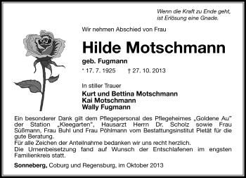 Traueranzeige von Hilde Motschmann von Südthüringer Presse