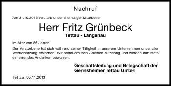 Traueranzeige von Fritz Grünbeck von Neue Presse Coburg