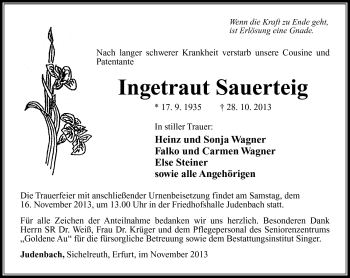 Traueranzeige von Ingetraut Sauerteig von Südthüringer Presse
