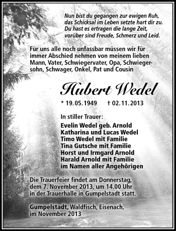 Traueranzeige von Hubert Wedel von Südthüringer Presse