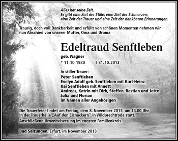 Traueranzeige von Edeltraut Senftleben von Südthüringer Presse