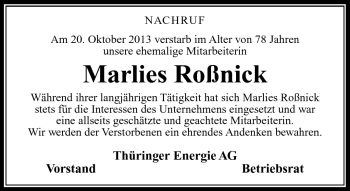 Traueranzeige von Marlies Roßnick von Südthüringer Presse