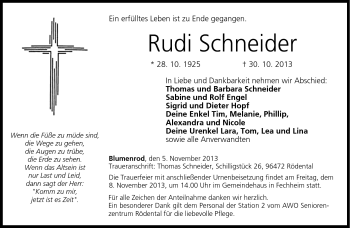 Traueranzeige von Rudi Schneider von Neue Presse Coburg