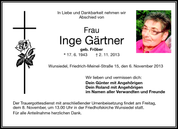 Traueranzeige von Inge Gärtner von Frankenpost