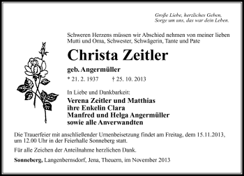 Traueranzeige von Christa Zeitler von Südthüringer Presse