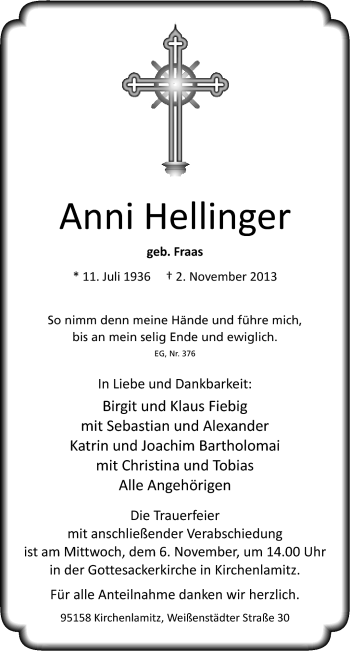 Traueranzeige von Anni Hellinger von Frankenpost