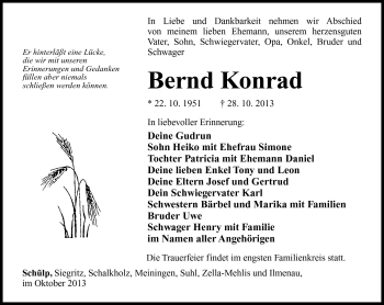 Traueranzeige von Bernd Konrad von Südthüringer Presse