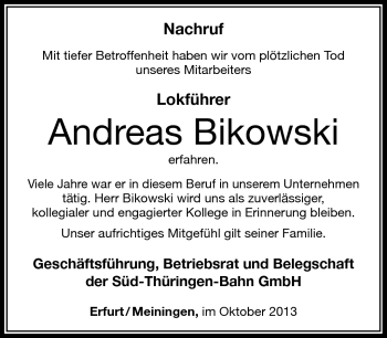 Traueranzeige von Andreas Bikowski von Südthüringer Presse