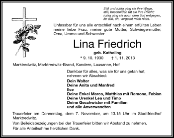 Traueranzeige von Lina Friedrich von Frankenpost