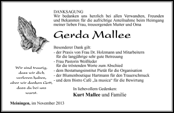Traueranzeige von Gerda Mallee von Südthüringer Presse