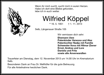 Traueranzeige von Wilfried Köppel von Frankenpost
