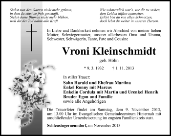 Traueranzeige von Vroni Kleinschmidt von Südthüringer Presse