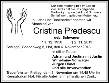 Traueranzeige von Cristina Predescu von Frankenpost
