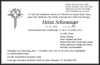 Traueranzeige von Heinz Schwaniger von Frankenpost