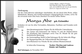 Traueranzeige von Marga Abe von Südthüringer Presse