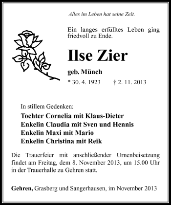 Traueranzeige von Ilse Zier von Südthüringer Presse