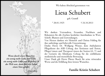 Traueranzeige von Liesa Schubert von Neue Presse Coburg