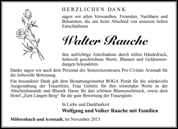 Traueranzeige von Walter Rauche von Südthüringer Presse