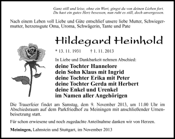 Traueranzeige von Hildegard Heinhold von Südthüringer Presse