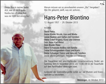 Traueranzeige von Hans-Peter Biontino von Südthüringer Presse