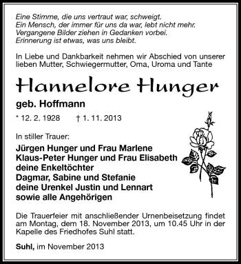 Traueranzeige von Hannelore Hunger von Südthüringer Presse