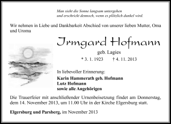 Traueranzeige von Irmgard Hofmann von Südthüringer Presse