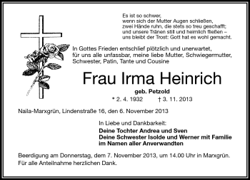 Traueranzeige von Irma Heinrich von Frankenpost