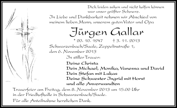 Traueranzeige von Jürgen Gallar von Frankenpost