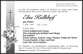 Traueranzeige von Else Kalkhof von Südthüringer Presse