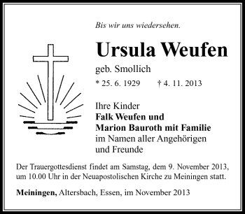 Traueranzeige von Ursula Weufen von Südthüringer Presse