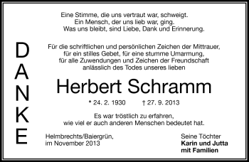 Traueranzeige von Herbert Schramm von Frankenpost