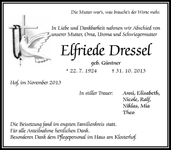 Traueranzeige von Elfriede Dressel von Frankenpost