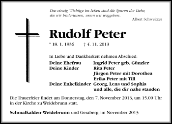 Traueranzeige von Rudolf Peter von Südthüringer Presse