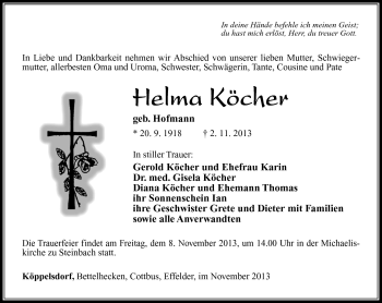 Traueranzeige von Helma Köcher von Südthüringer Presse
