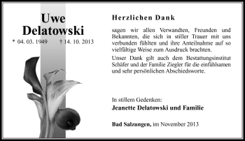 Traueranzeige von Uwe Delatowski von Südthüringer Presse