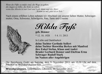 Traueranzeige von Hilde Fuß von Südthüringer Presse