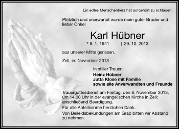 Traueranzeige von Karl Hübner von Frankenpost