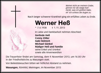 Traueranzeige von Werner Heß von Südthüringer Presse