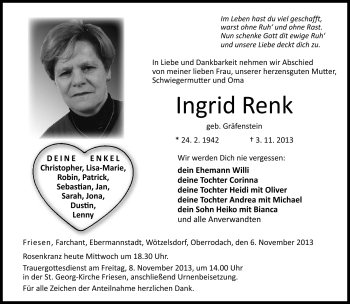 Traueranzeige von Ingrid Renk von Neue Presse Coburg