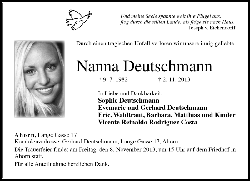  Traueranzeige für Nanna Deutschmann vom 06.11.2013 aus Neue Presse Coburg