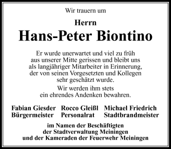 Traueranzeige von Hans-Peter Biontino von Südthüringer Presse