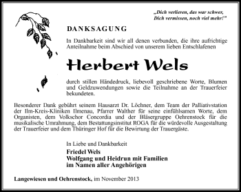Traueranzeige von Herbert Wels von Südthüringer Presse